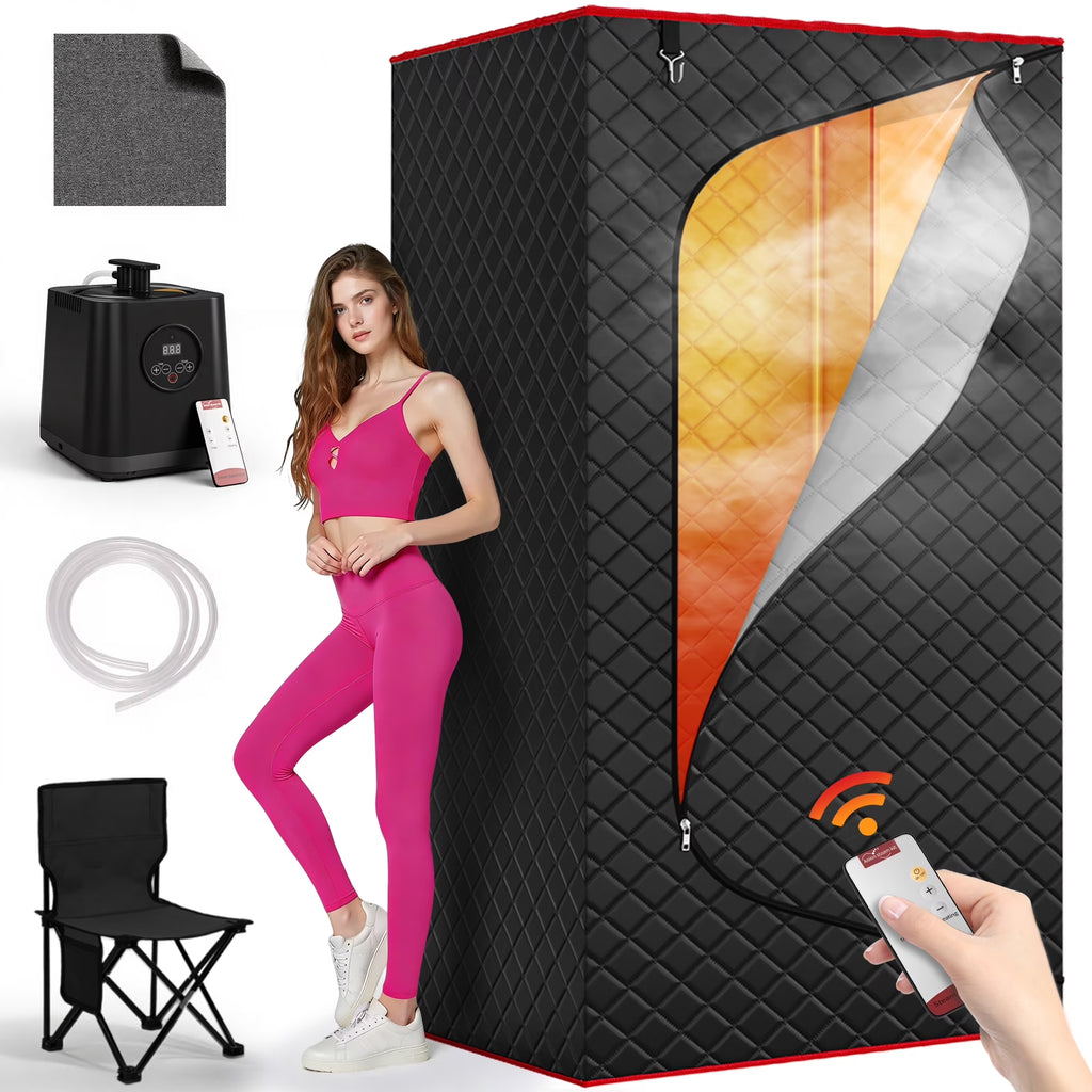 1-Person Portable Steam Sauna Box with 3L/1200W Steamer, 99-Min Timer & 15 Power Levels, XL Foldable and Remote Control, Detox Spa for Relaxation, Black