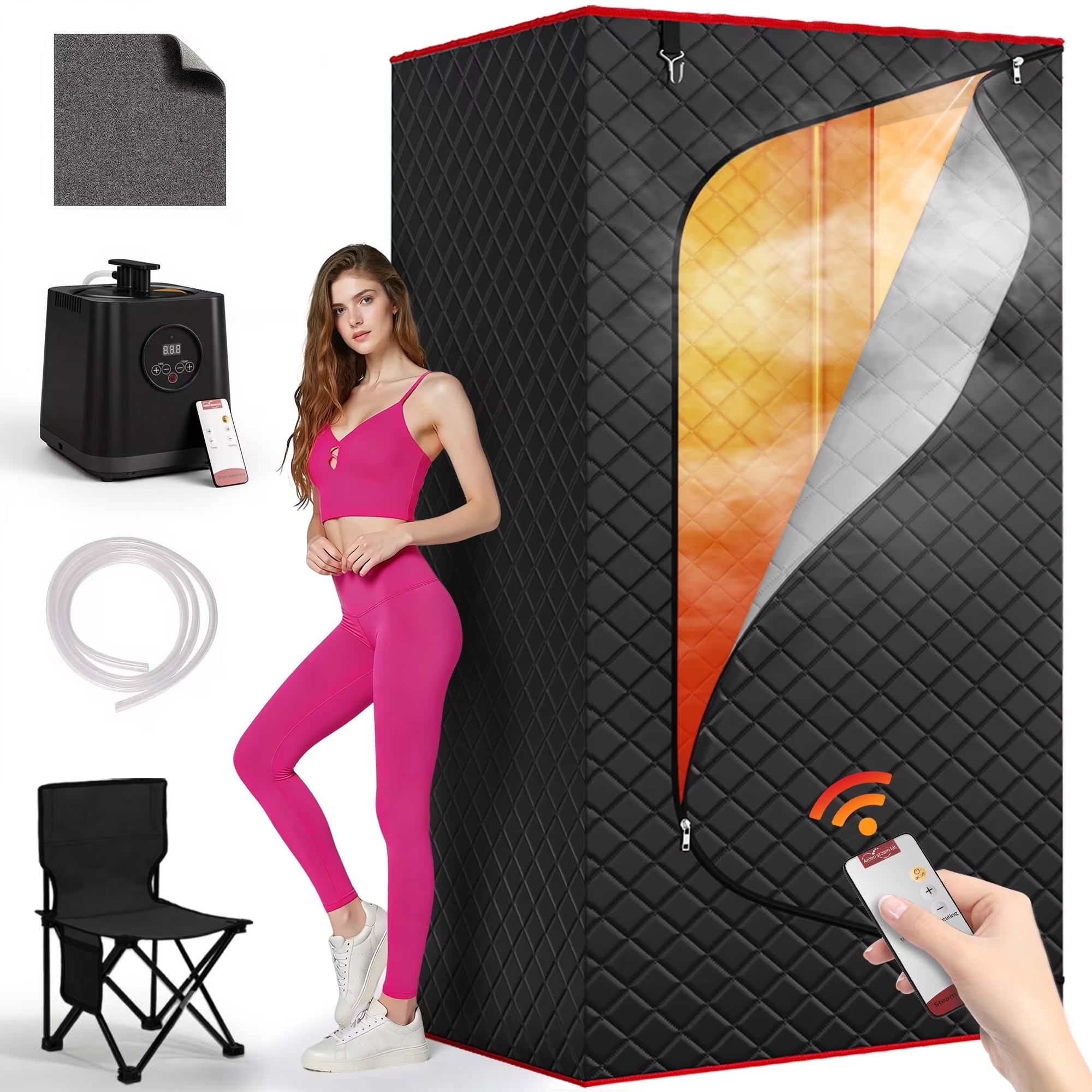 1-Person Portable Steam Sauna Box with 3L/1200W Steamer, 99-Min Timer & 15 Power Levels, XL Foldable and Remote Control, Detox Spa for Relaxation, Black