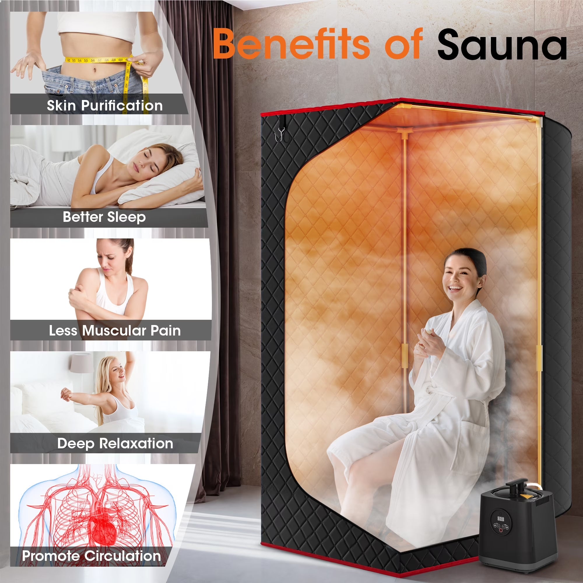1-Person Portable Steam Sauna Box with 3L/1200W Steamer, 99-Min Timer & 15 Power Levels, XL Foldable and Remote Control, Detox Spa for Relaxation, Black