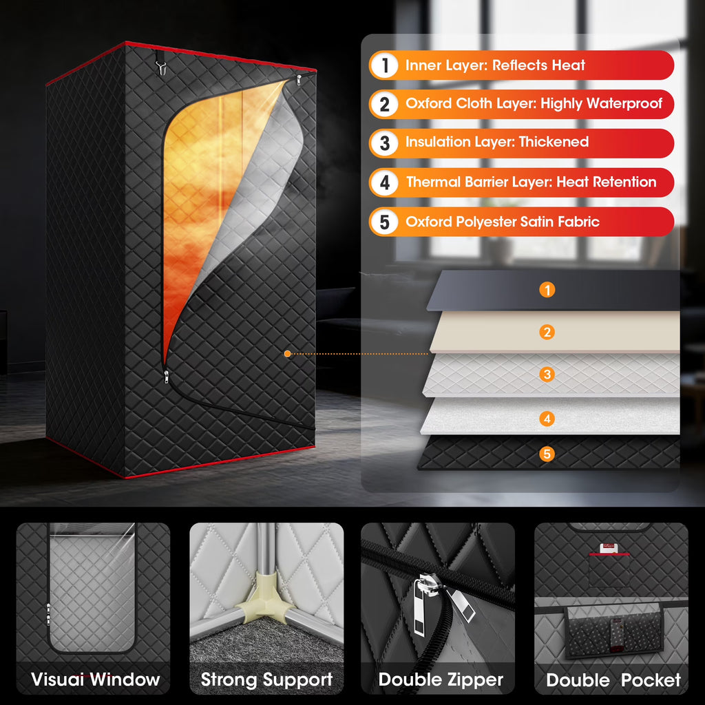 1-Person Portable Steam Sauna Box with 3L/1200W Steamer, 99-Min Timer & 15 Power Levels, XL Foldable and Remote Control, Detox Spa for Relaxation, Black