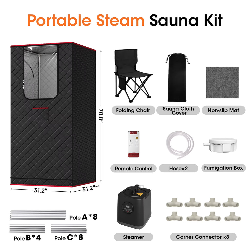 1-Person Portable Steam Sauna Box with 3L/1200W Steamer, 99-Min Timer & 15 Power Levels, XL Foldable and Remote Control, Detox Spa for Relaxation, Black