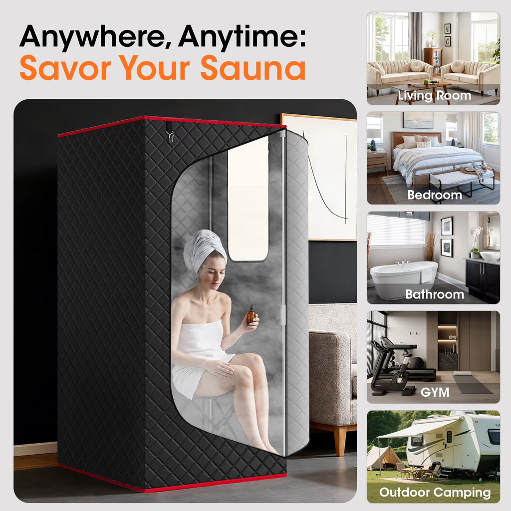 1-Person Portable Steam Sauna Box with 3L/1200W Steamer, 99-Min Timer & 15 Power Levels, XL Foldable and Remote Control, Detox Spa for Relaxation, Black
