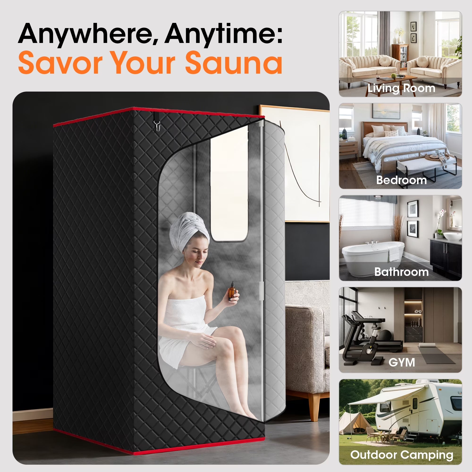 1-Person Portable Steam Sauna Box with 3L/1200W Steamer, 99-Min Timer & 15 Power Levels, XL Foldable and Remote Control, Detox Spa for Relaxation, Black