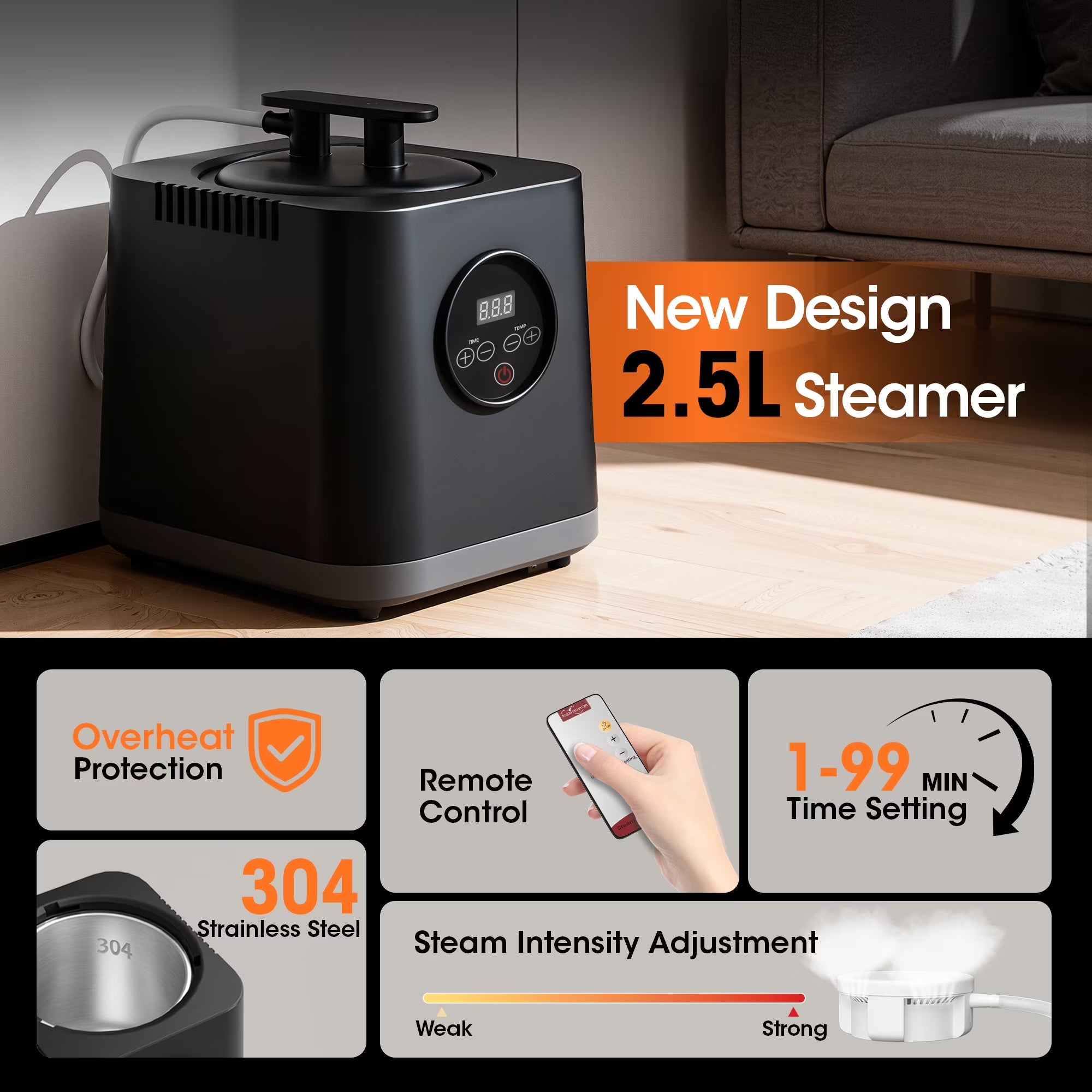 1-Person Portable Steam Sauna Box with 3L/1200W Steamer, 99-Min Timer & 15 Power Levels, XL Foldable and Remote Control, Detox Spa for Relaxation, Black